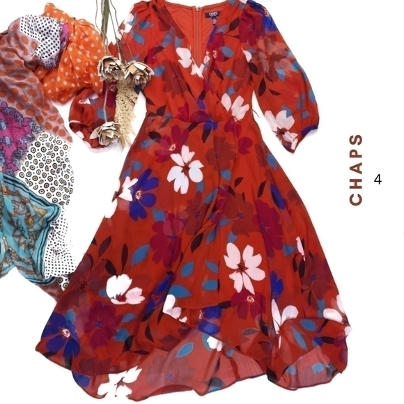 CHAPS Reddish Orange Blue Floral Dress Size 4 - Picture 1 of 15